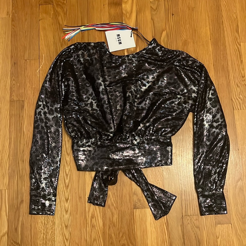 Party MSGM Leopard Sequin Crop Wrap Blouse Top - Small